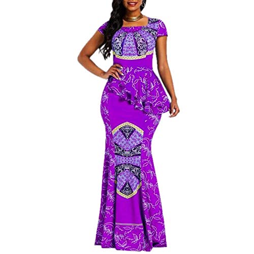 VERWIN African Dress Cap Sleeve Square Neck Floor-Length Geometric Mermaid Maxi Dress Long Dress (Medium, Purple)