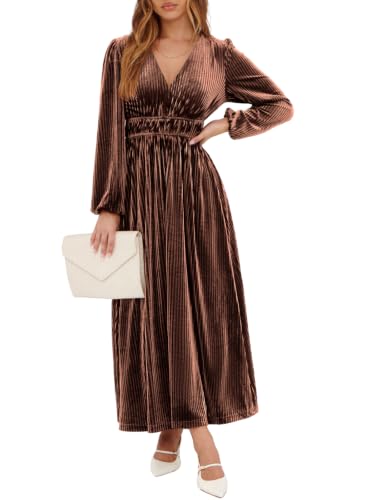 Sissyaki Women's Velvet Long Sleeve Maxi Dress Formal Wedding Guest Cocktail Dress for Fall Winter B#Coffee Medium