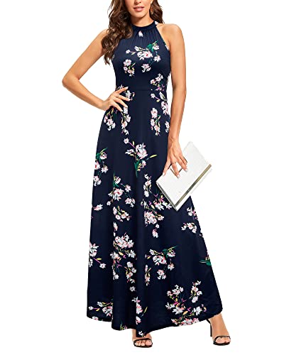 STYLEWORD 2025 Women's Summer Dress Maxi Sleeveless Elegant Formal Evening Halter Long Sping Dresses Wedding Trendy(Floral 21,M)