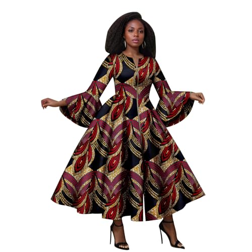 private afripride African Print Dresses for Women Flare Sleeve Elegant Zip Maxi Dress Party Attire for Lady 787 X-Large