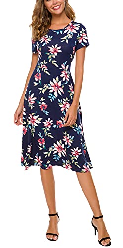EXCHIC Women's Floral Printed Dress High Waist Midi Dress Short Sleeve (M, 11)