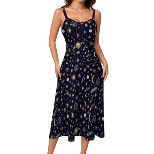 Womens Vintage Cosmic Planet Star Cami Dress Summer Spaghetti Strap A-Line Breathable Polyester Casual Dress for Party Medium