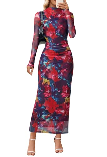 MEROKEETY Women's Long Sleeve Fall Wedding Guest Dress 2025 Bodycon Floral Mesh Ruched Cocktail Maxi Dresses, Neon, XL