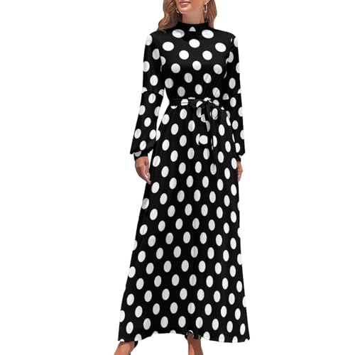 FULAOER Black White Polka Dot Women's Long Sleeve Round Neck Maxi Dress High Waist Layered A-Line Flowy Maxi Dress XL