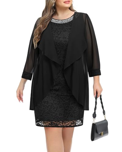 Pinup Fashion Plus Mother Bride Black 2 Piece Jacket Wedding Guest Dress