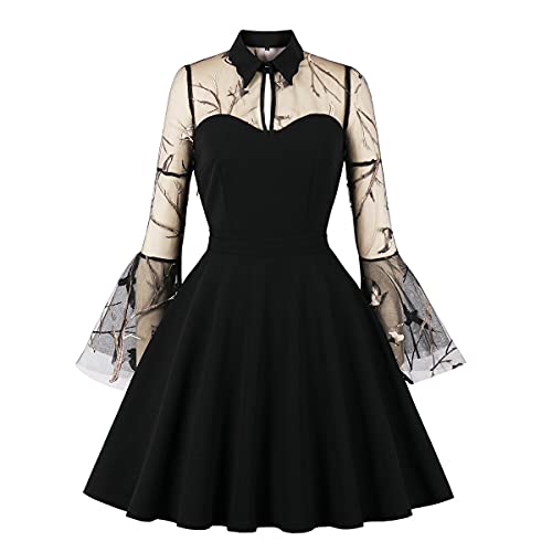 Women Keyhole Front Mesh Bell Sleeve Vintage 1950s Cocktail Swing Dress Embroidered Floral Peter Pan Collar 50s Rockabilly Prom Dress Flared A-line Wedding Evening Party Gothic Skater Dress Stitch 3XL