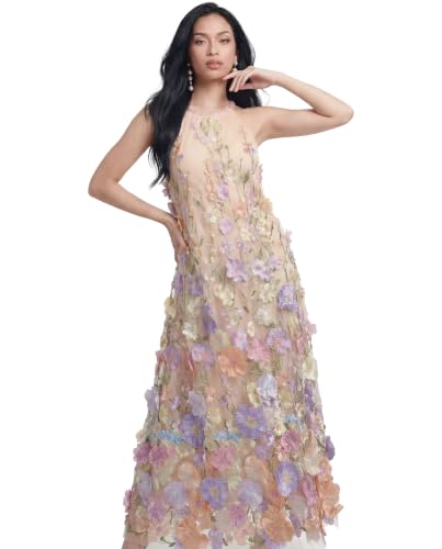 Kaelith Women's 3D Floral Embroidery Tulle Maxi Wedding Guest Dress Pink