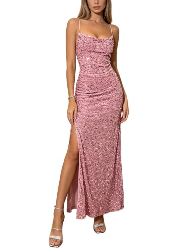 NATTEMAID Glitzy Sequin Gala Dress Long Maxi Sparkly Formal Evening Gowns Pink Medium