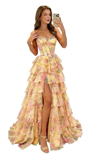 ROSE IN THE BOX Yellow Floral Prom Dresses for Women Corset Strapless Chiffon Ruffle Tiered Long Formal Evening Party Gown with Slit Women's Floral Strapless Tube Dress Ruffle Dresses M