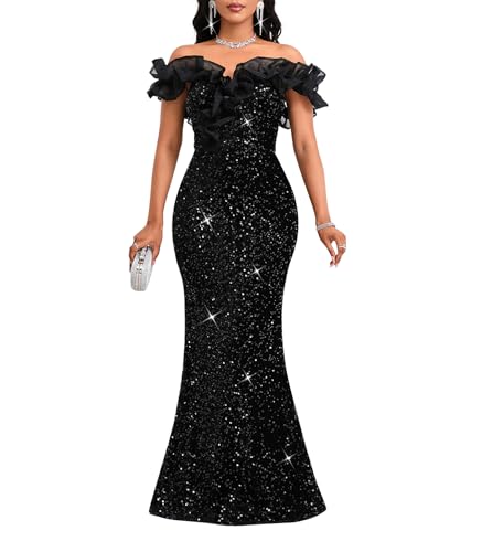 Cololura Women Off Shoulder Ruffles Sparkly Sequin Mermaid Bodycon Evening Party Gown Maxi Dress Black