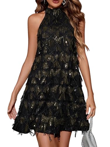 OYOANGLE Women Sequin Sparkly Cocktail Club Party Summer Halter Mini Dress | Sparkle,Glitter,Prom,Wedding Guest Party ,Vintage,Sleeveless ,A Line,Flowy,1920 Short Dress, Black and Gold, Large