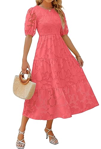 ZESICA Women's 2025 Summer Short Puff Sleeve Crewneck Smocked Floral Lace Flowy A Line Tiered Maxi Dresses,Watermelon,Large