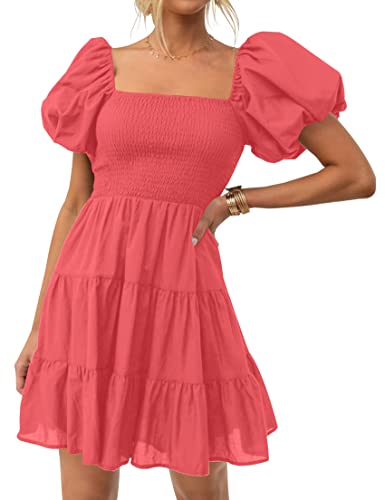 ZESICA Women's Boho 2025 Summer Square Neck Puff Sleeve Off Shoulder Smocked Tiered Casual A Line Short Mini Dress,Watermelon,Small