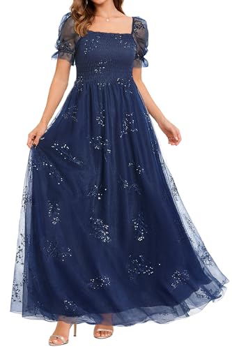 Pinup Fashion Navy Blue Formal Dress Evening Bridesmaid Tulle Long Prom | Navy blue, sequin floral embroidery tulle, square neck, puff sleeves, smocked bodice, maxi long, evening, prom, bridesmaid