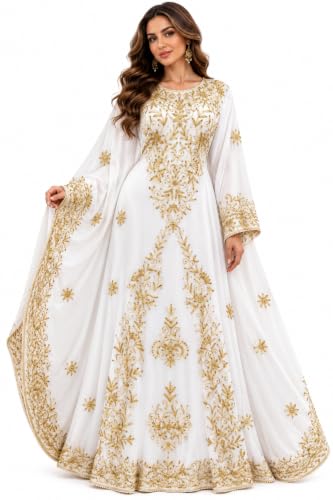 Kaftans for Women New Moroccan Dubai Kaftans Farasha Abaya Dress Very Fancy Long Gown Caftan (US, Alpha, Large, Plus, Long, White)