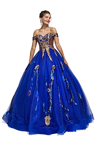 Engerla Women's Off Shoulder Royal Blue Quinceanera Dress Sequined Applique Formal Party Prom Ball Gowns US4