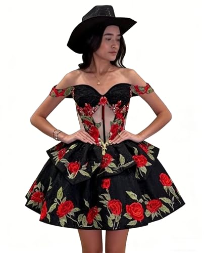 Mollybridal Flower Embroidered V Neck Mini Prom Queen Dresses Drop Waist Red and Black 12