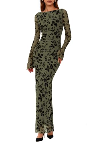 PRETTYGARDEN Women's Floral Bodycon Maxi Dress Wedding Guest Dresses