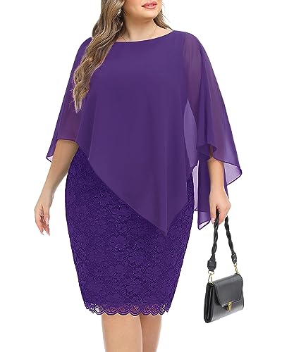 Purple Dress Women Plus Size Church Dresses Grandmother of The Bride Cape Lace Chiffon Sheath Bodycon Cocktail Dresses