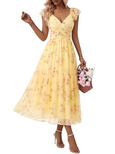 HUHOT Womens Dresses Wrap Sweetheart Neck Midi Floral Mesh Wedding Guest