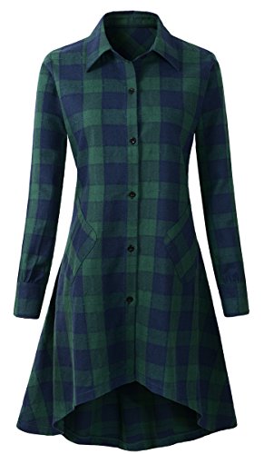 olrain Womens Plaids V Neck Long Sleeve Irregular Hem Casual Shirt Dress (XXX-Large, Ngreen)