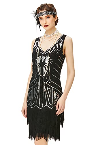 BABEYOND Women's Flapper Dresses 1920s V Neck Beaded Fringed Great Gatsby Dress Black