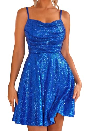 892 - High Waist Sequin Skater Mini Dress, Spaghetti Strap, Lace-Up Back, Homecoming Party (Royal Blue, L)