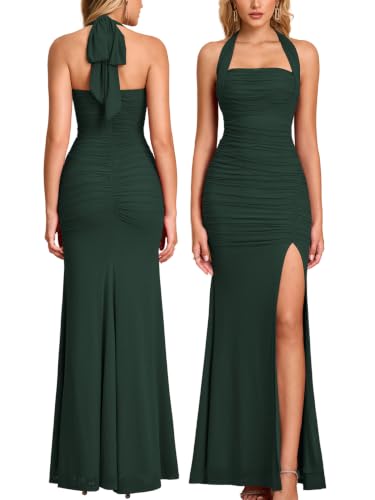 JKMNAO Women Halter Tie High Slit Wedding Guest Maxi Dress | Bodycon Ruched, Long Formal Cocktail Party Bridesmaid, Elegant Dresses for Evening Bridal Shower Prom, 2026 Fall Outfits