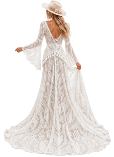 Lanbaodress Boho Lace Wedding Dresses for Bride 2026 Ivory Plus Size 17 | Long bell sleeves, deep v neck sweep train, country, rustic, beach, fall winter bridal gown for women