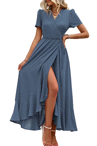 PRETTYGARDEN Women's Boho Floral Summer Maxi Dresses, Z_Blue,XL | Short Sleeve Wrap V Neck, Long Flowy Sundress, Spring Wedding Guest Party Outfits, Ruffle Beach Vacation Dress, Resort Wear