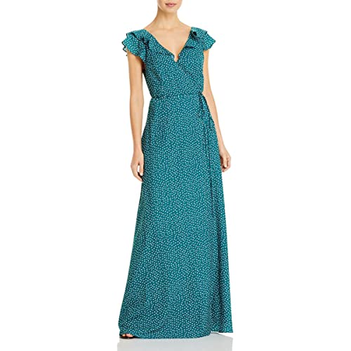 Aidan Mattox Womens Teal Tie Floral Flutter Sleeve Surplice Neckline Full-Length Party Wrap Dress 2