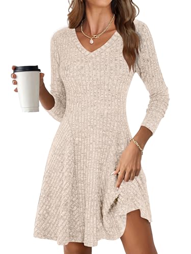 ANRABESS Women's Long Sleeve Fall Ribbed Knit Short Sweater Dress Beige