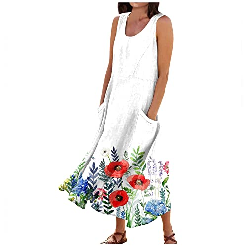 Generic Women's Maxi Dress 2023 Summer Sleeveless Round Neck Flowy Dress with Pockets Cotton Linen Beach Floral Print Mid Calf Length XX-Large White