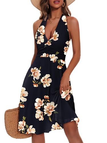 HUHOT Summer Work Dresses for Women 2026 Date Night Halter Sundress Outfits Midi Western Teens Cruise Dress Spring Funeral Semi Formal Flowers Plus Size Boho Vacation Resort Wear Beach