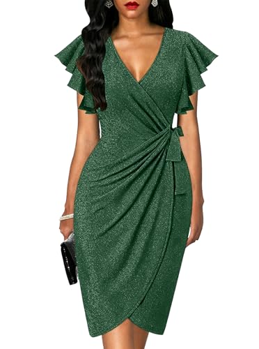 oten Womens Deep V Neck Ruffle Sleeves Cocktail Work Faux Wrap Dresses