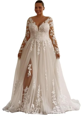 FHPKGE A-Line Lace Applique Wedding Dresses for Bride Plus Size Ivory Beach Bridal Gowns for Wedding with Slit V-Neck Long Sleeve Women Prom Dresses 20