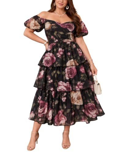 EYWOL Plus Size Floral Wedding Guest Dress Mother of The Groom Dresses | Plus Size Semi Formal Dress, Two-Way Neckline, Short Sleeves, Elastic Waist, Tiered, Cocktail Party,Evening,Holiday Dinner