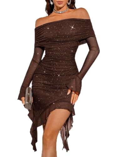 BeryLove Women's Off Shoulder Sequin Prom Cocktail Gown Ruched Bodycon Club Night Out Dress Midi Long Bell Sleeves Formal Party Sexy Dresses WYS001 Brown XS