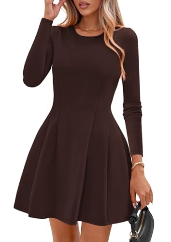 PRETTYGARDEN Womens Long Sleeve Pleated Mini Dress,Brown,M | Soft Knit Fabric, A Line Babydoll Fit, Crewneck Short Dresses, Casual Party Date Night Outfits, Fall Winter Trendy Clothes