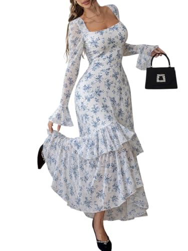 GothDark Bodycon Dresses for Women Ruffle Dress Blue Floral XX-Large