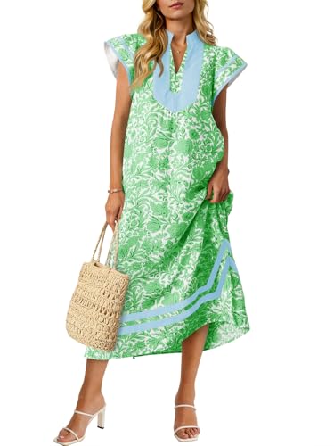Wenrine Women Summer Floral Maxi Dress Cap Sleeve V Neck Boho Beach Dresses