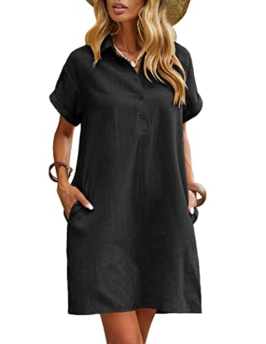 Zeagoo Womens Cotton Shirt Dress Summer Casual Short Sleeve Button Down Beach Cover Up Shirts with Pockets,Black,Medium