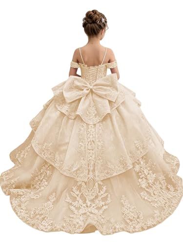 Gnleyane Champagne Tulle Flower Girl Dress Off Shoulder Lace Appliques Girls Ball Gowns Formal Wedding Pageant Dresses Size 16