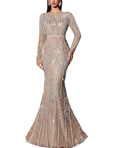 VOUIAO Women Sequin Mermaid Evening Gown Beaded Formal Dress Champagne XXL
