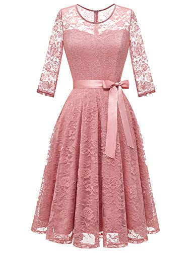 Dressystar Women’s Floral Lace Midi Wedding Guest Bridesmaid Dress Blush S