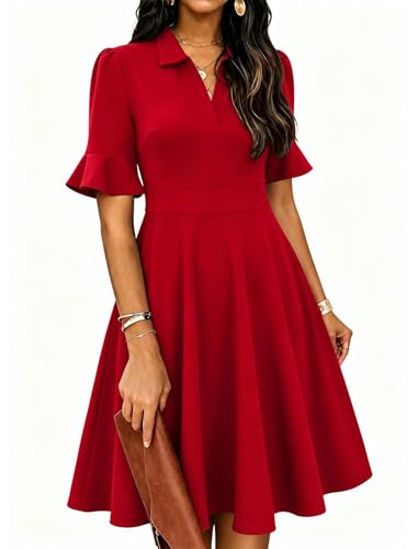 Work Dresses for Women 2026 Red Summer Short Sleeve Collared Classy V Neck Semi Formal Easter High Waist Elegant 1960s Pretty Hide Tummy Brunch Professional Business Wedding Guest Dress M