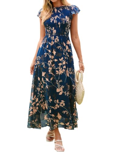 BerryGo Womens Boho Floral Maxi Dress Ruffle Sleeve Chiffon Flowy Wedding Guest Dress Smocked Waist Modest Western Dress for Spring Summer Lake Blue XL