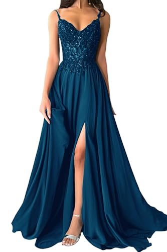 Lqdyrt Women’s Prom Dresses 2025 with Slit V-Neck Lace Appliques Chiffon Spaghetti Straps Elegant Long Teal Formal Gown US8
