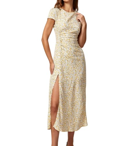 RIHOAS Boho Yellow Midi Dress for Women - Short Sleeve Round Neck Floral Lightweight Beach Spring Summer Casual