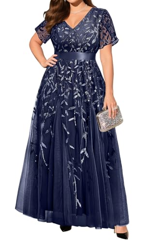 Pinup Fashion Plus Mother Bride Navy Blue Sequin Formal Wedding Guest Dress
